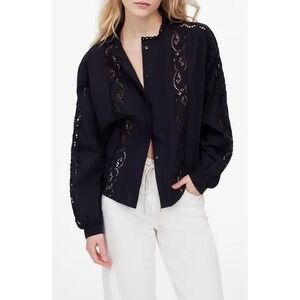 Madewell Lace Inset Pintuck Button-Up Blouse Small Black Victorian Dark Cottage